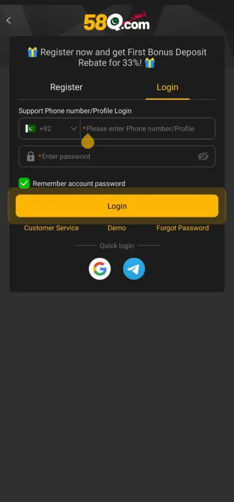 58Q Game Register and login app