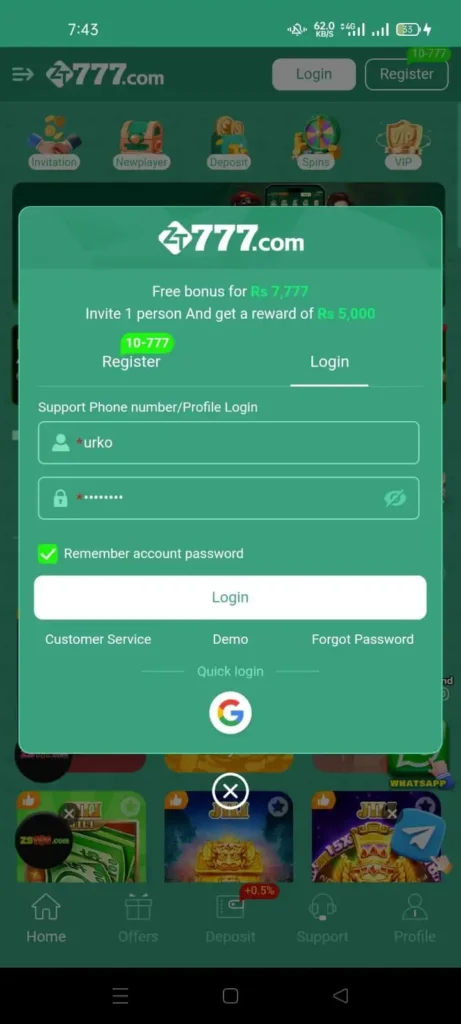 ZT777 Game to Register and Login apk in android