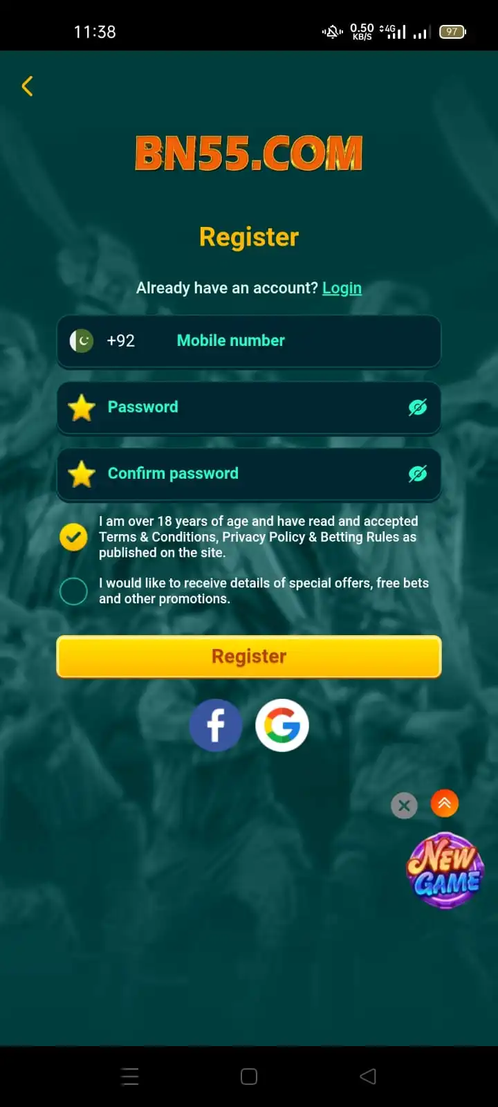 BN55 Game Login and register app